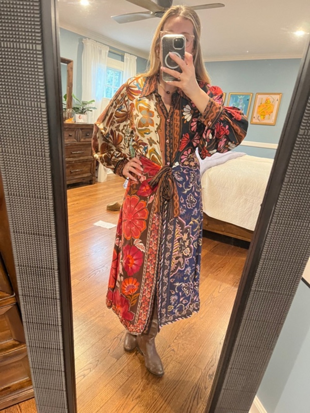 FARM Rio Multi-Panel Floral & Paisley Midi Dress in Blue, Red, Cream, Green - Picture 4 of 6